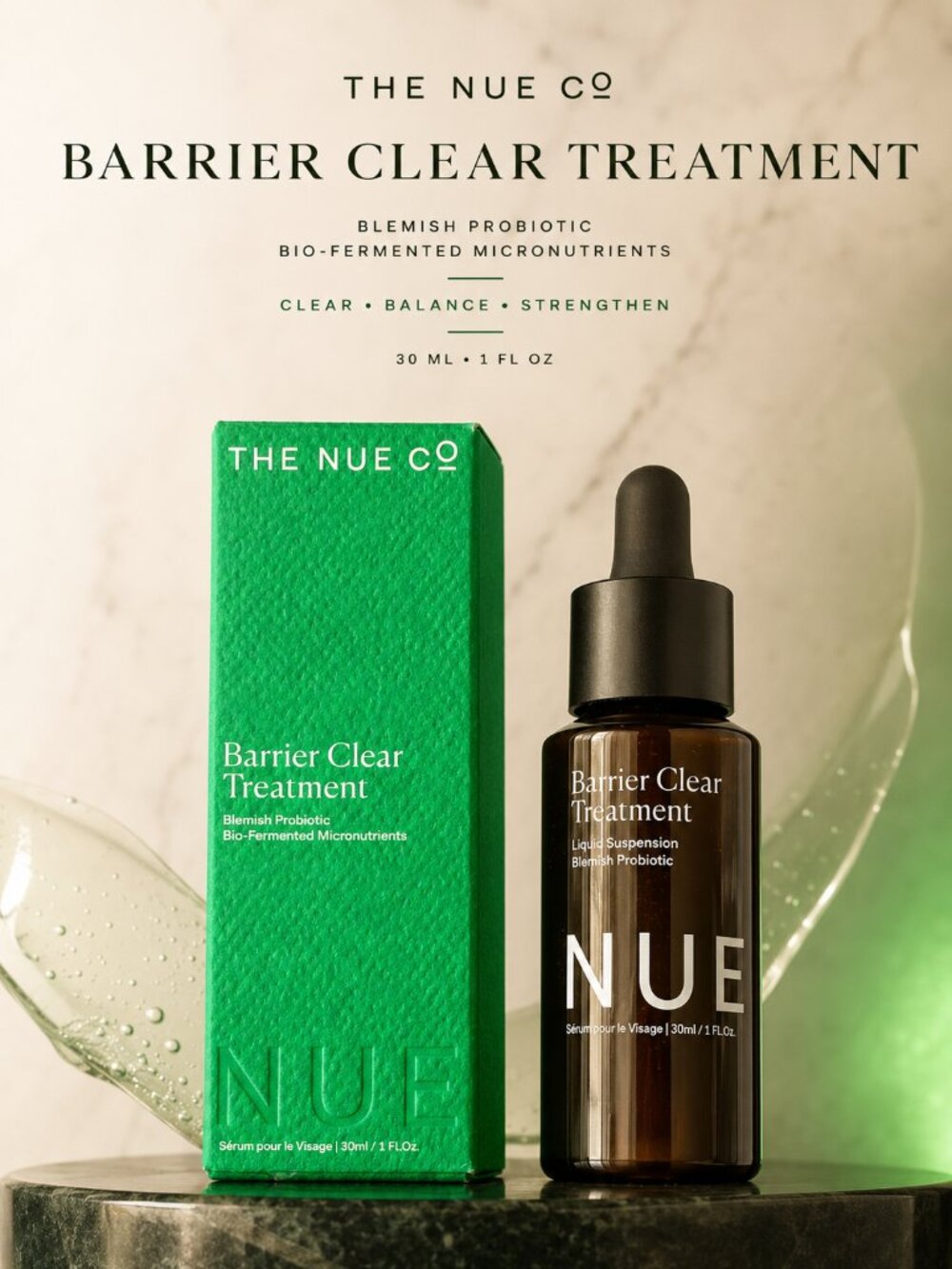 The Nue Co Barrier Clear Treatment Blemish Probiotic Serum 30ml NIB
